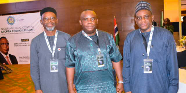 L-R: Chairman of the Petroleum Technology Association of Nigeria (PETAN). Mr. Nicolas Odinuwe; the Director of Corporate Services, NCDMB, Dr. Ama Ikuru and the Director of Monitoring and Evaluation, NCDMB, Mr. Abdulmalik Halilu at the Nigerian Local Content AfCFTA Energy Summit organised by the Board on Monday in Lagos.