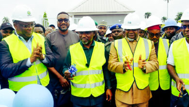 (L-R): Executive Secretary, Nigerian Content Development and Monitoring Board, Engr. Omatsola Felix Ogbe; Minister of State for Petroleum Resources (Gas), Rt. Hon. Ekperipe Ekpo; Deputy Governor, Delta State, Chief Monday Onyeme and Chairman, Nedogas Development Company Limited, Emeka Ene at the commissioning/unveiling of the Kwale Gas Gathering facility promoted by NEDOGAS Limited and NCDMB on Thursday in Kwale, Delta State.
