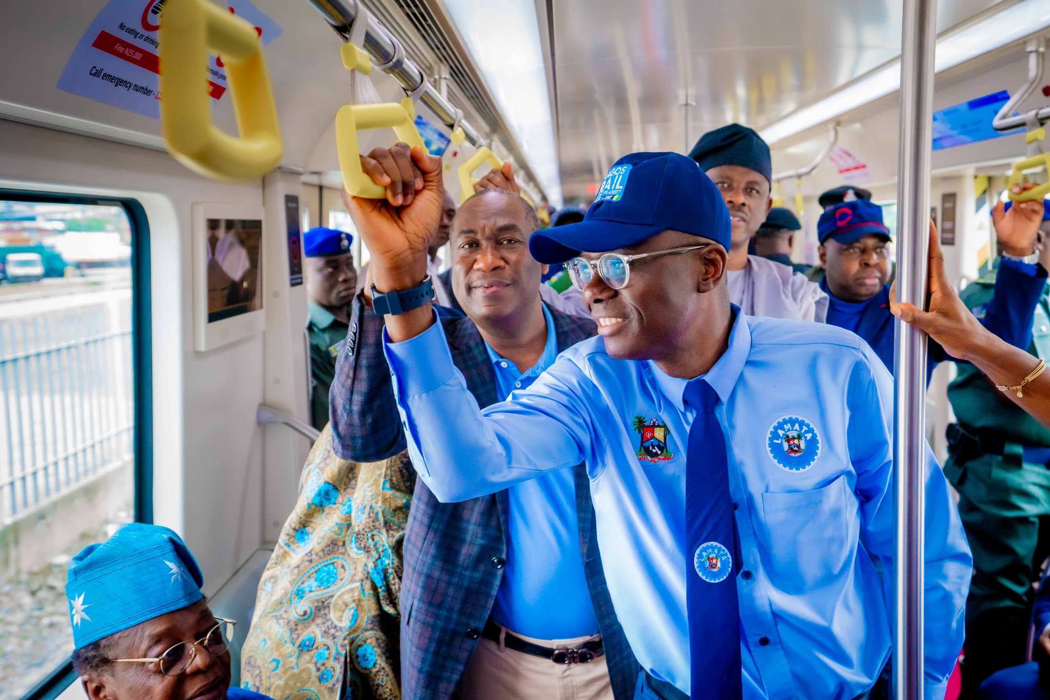 Governor Babajide Sanwo-Olu rides on the Blue Line train. [X - @jidesanwoolu]