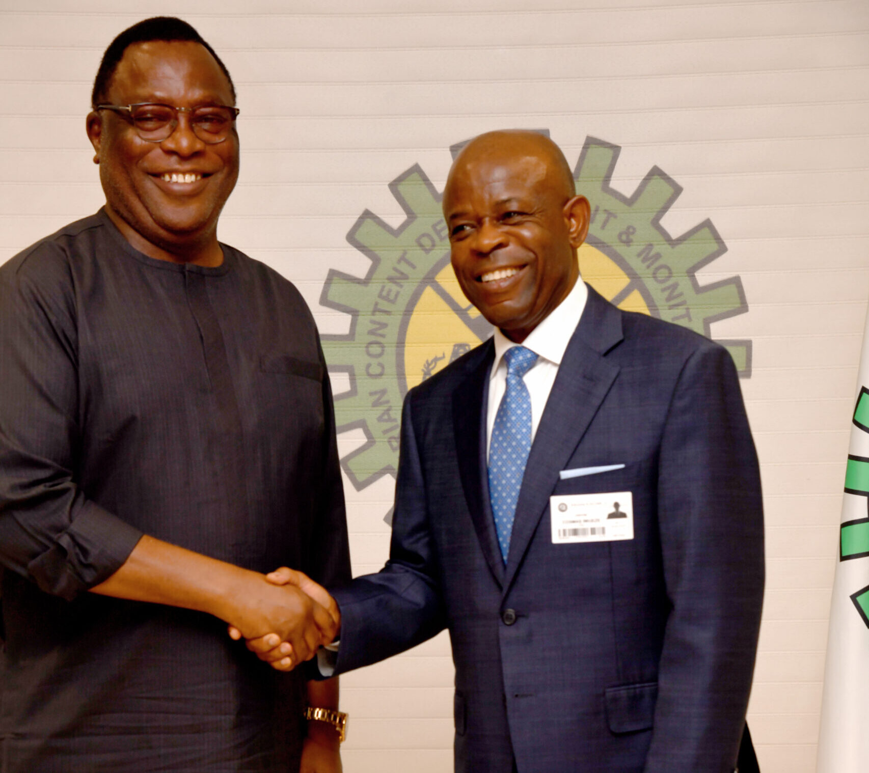 Executive Secretary Nigerian Content Development and Monitoring Board (NCDMB), Engr. Felix Omatsola Ogbe and Deputy Managing Director, Chevron Nigeria Limited, Mr. Cosmas Iwueze after the visit of Chevron officials to the Nigerian Content Tower, Yenagoa, Bayelsa State on Friday.