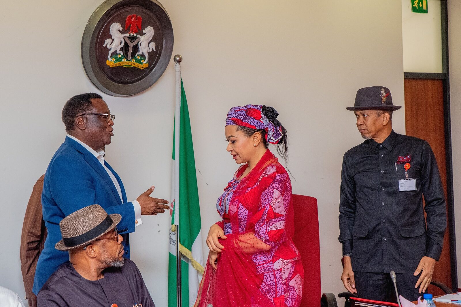 Executive Secretary, Nigerian Content Development and Monitoring Board (NCDMB), Engr. Felix Omatsola Ogbe with Chairman of the Committee, Senator Natasha Akpoti-Uduagha at the first interactive session between the Senate Committee on Local Content and the leadership of the NCDMB at the Senate Building at Abuja.