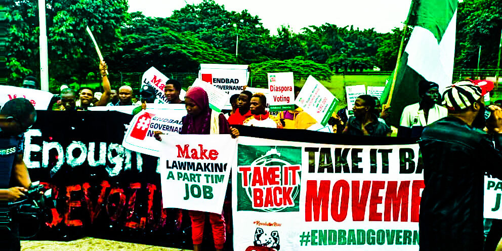 Protesters converged at the Moshood Abiola Stadium in Abuja to voice out displeasure against bad governance which they think had given birth to the rottenness they see going on in the country.