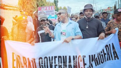 Activist Omoyele Sowore attending an October 1 2024 protest staging at the Ikeja Underpass Bridge in the capital of Lagos.