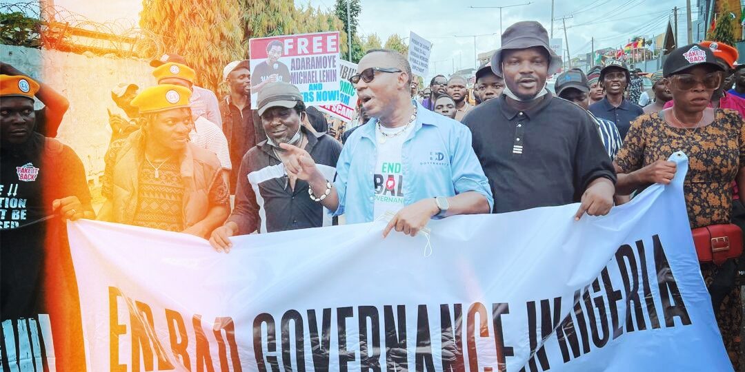 Activist Omoyele Sowore attending an October 1 2024 protest staging at the Ikeja Underpass Bridge in the capital of Lagos.