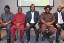 L-R: Engr. Abayomi Bamidele, Director, Project Certification and Authorisation; Alhaji Abdulmalik Halilu, Director, Monitoring and Evaluation; Engr. Felix Omatsola Ogbe, Executive Secretary; Dr. Ama Ikuru, Director, Capacity Building and Mr. Naboth Onyesoh, Director, Legal Services, of the Nigerian Content Development and Monitoring Board (NCDMB) at the 2024 edition of the Board’s breakfast meeting with media executives in Lagos.