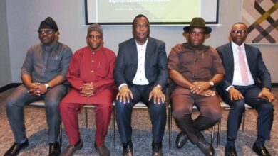 L-R: Engr. Abayomi Bamidele, Director, Project Certification and Authorisation; Alhaji Abdulmalik Halilu, Director, Monitoring and Evaluation; Engr. Felix Omatsola Ogbe, Executive Secretary; Dr. Ama Ikuru, Director, Capacity Building and Mr. Naboth Onyesoh, Director, Legal Services, of the Nigerian Content Development and Monitoring Board (NCDMB) at the 2024 edition of the Board’s breakfast meeting with media executives in Lagos.