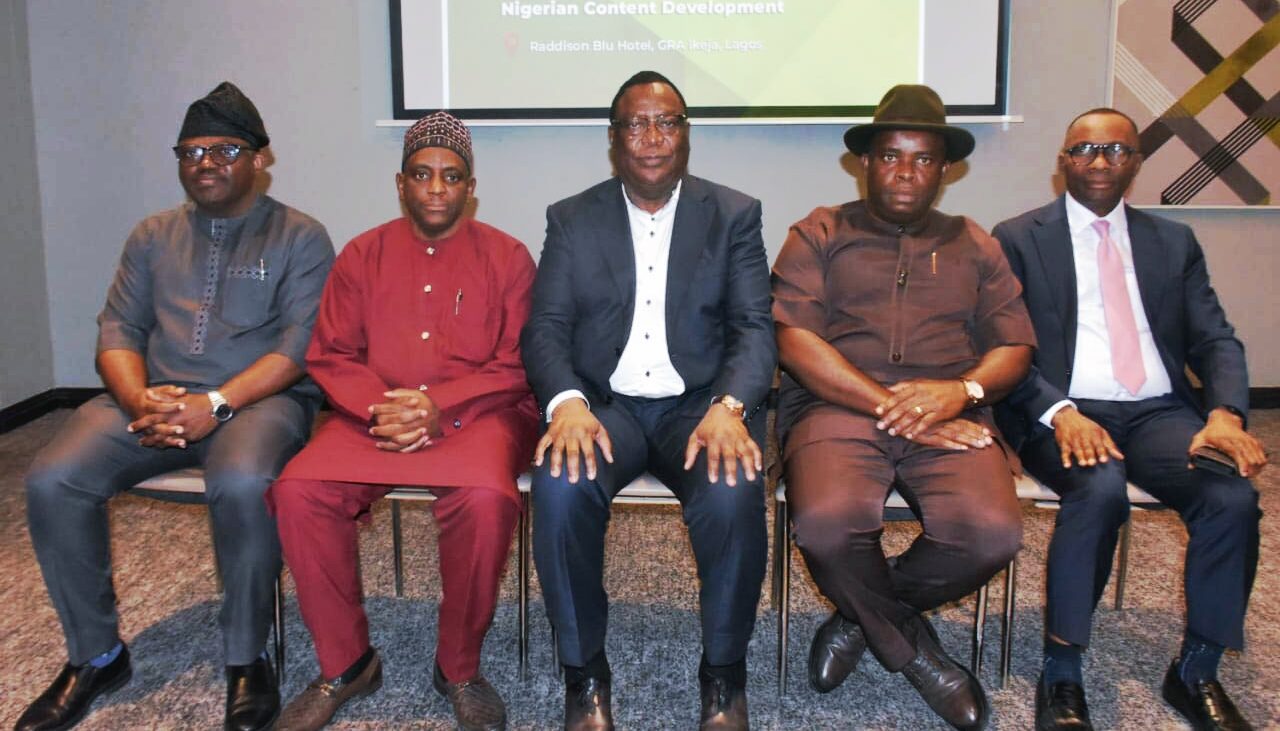 L-R: Engr. Abayomi Bamidele, Director, Project Certification and Authorisation; Alhaji Abdulmalik Halilu, Director, Monitoring and Evaluation; Engr. Felix Omatsola Ogbe, Executive Secretary; Dr. Ama Ikuru, Director, Capacity Building and Mr. Naboth Onyesoh, Director, Legal Services, of the Nigerian Content Development and Monitoring Board (NCDMB) at the 2024 edition of the Board’s breakfast meeting with media executives in Lagos.