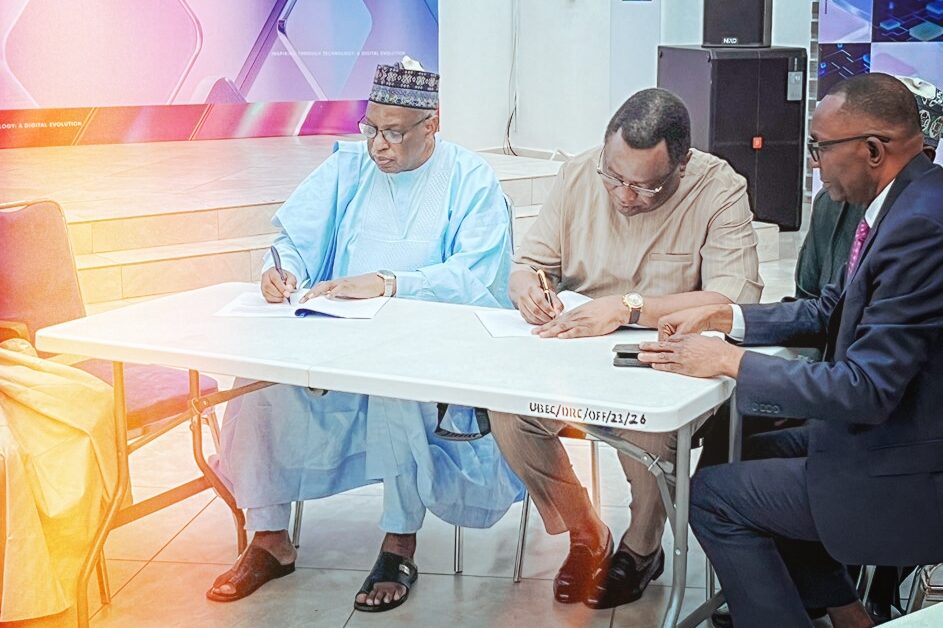 Engr. Felix Omatsola Ogbe (FNSE), Executive Secretary of the Nigerian Content Development and Monitoring Board (NCDMB) seated in the centre, alongside Dr. Hamid Bobboyi, Executive Secretary of UBEC, signing a memorandum of understanding on Thursday 17 October 2024.